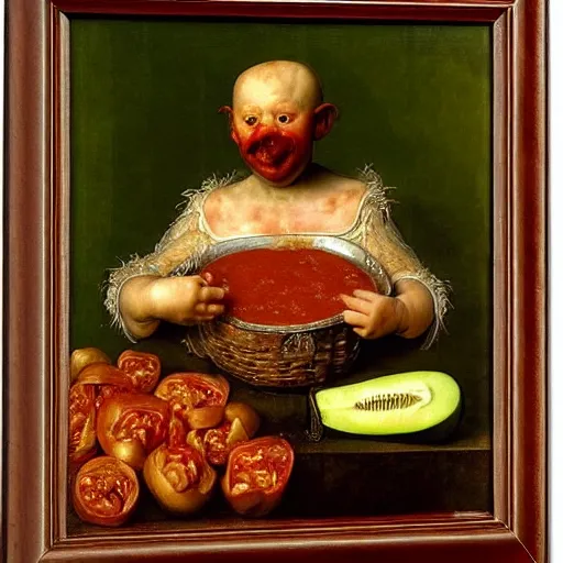 Image similar to a boy sitting in a tub full of tomato sauce, a lot of cabbage, dinner is served, by giuseppe arcimboldo, odd nerdrum and ambrosius benson, renaissance, fruit, intricate and intense oil paint, realistic