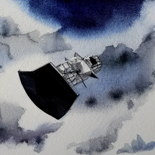 Image similar to high - angle view, from 1 0 0 0 feet in distance, vague uap interstellar vehicle on top of dramatic moody clouds in the sky, muted ink and pearlescent paint. watercolor. minimalist, detailed, muted colors. ue 5