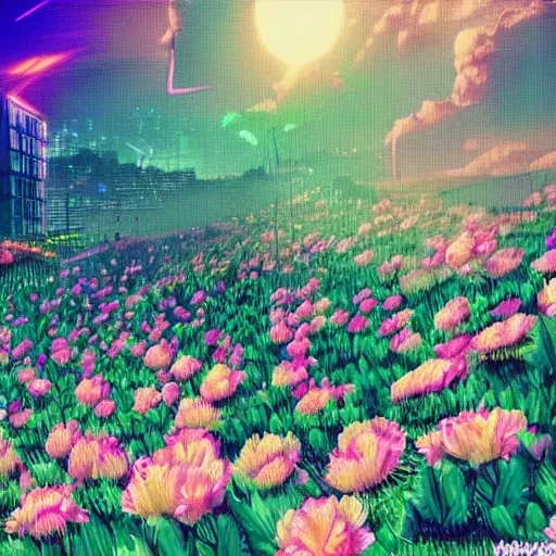 Prompt: a place full of flowers, epic retrowave art, trending on art station