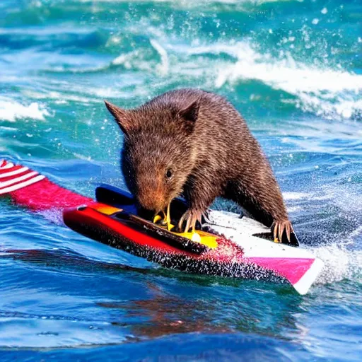 Image similar to wombat playing chess on spider - man painted paddle ski on waves dark ominous big waves dramatic