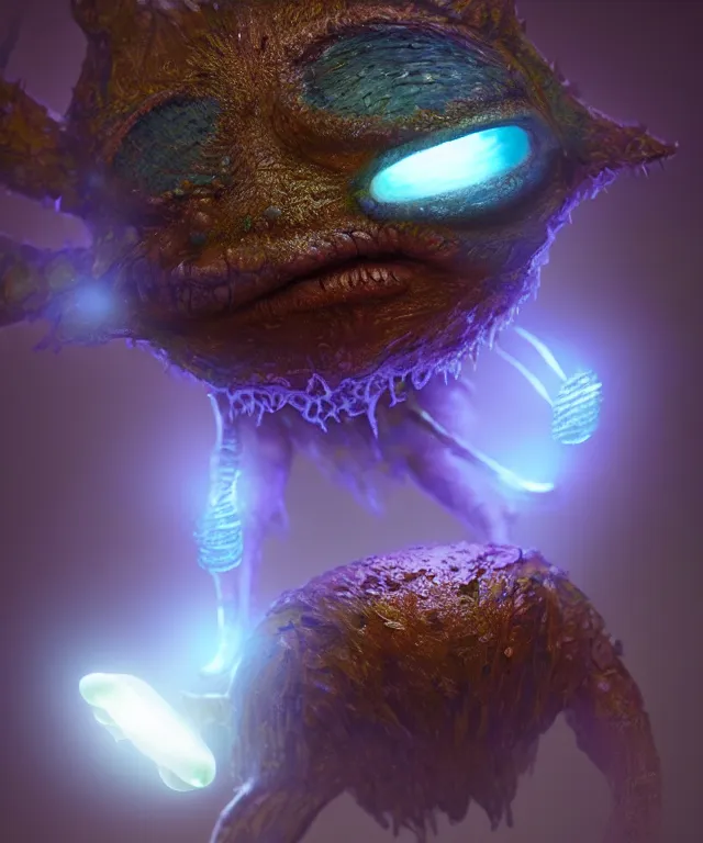 Prompt: a tiny creature with enormous eyes made of bioluminescence, fantasy, elegant, crisp 8 k line work, emissive lighting, digital painting, artstation, unreal engine, octane render, concept art, matte, sharp focus, illustration, art by bob eggleton