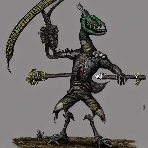 Image similar to an anthropomorphic machine bird reptile rodent hybrid wielding an ancient sword, in the style of boris vellejo, bruce penington, leng jun