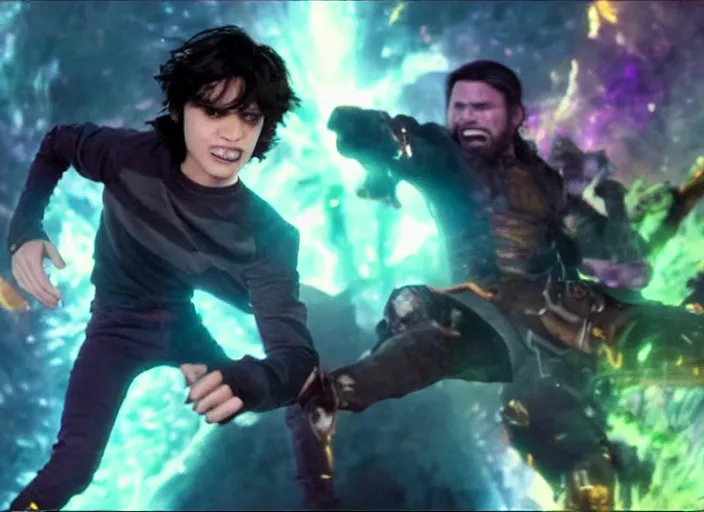 Prompt: nico di angelo vs thanos, epic fight, powerful, screenshot from infinity war, mcu, action shot, dynamic, magic, intense battle, death powers, infinity stones vs skeletons