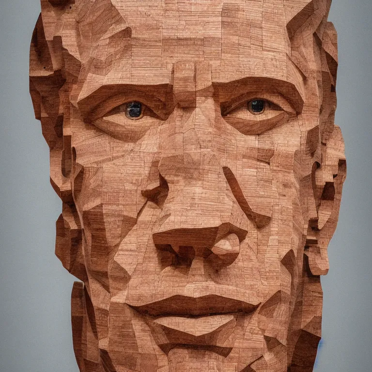 Image similar to monumental sculpture geometric minimalist!!! portrait of tim allen, beautiful symmetrical!! face accurate face detailed face realistic proportions, hand - carved out of red oak wood on a pedestal by stephan balkenhol and martin puryear, cinematic lighting shocking detail 8 k