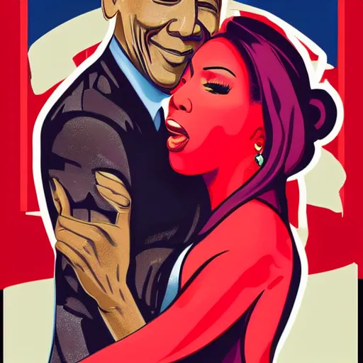 Image similar to nicki minaj hugged by barack obama from behind, soviet colored propaganda poster, highly detailed illustration