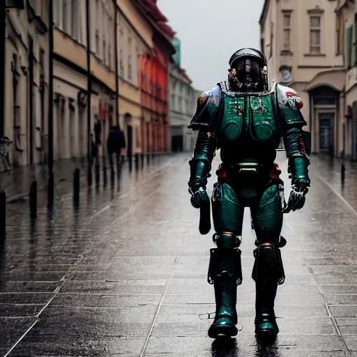 Image similar to a man wearing futuristic space marine armor walks down a rainy street in prague, photography, movie still, dslr 5 5 mm, 4 k