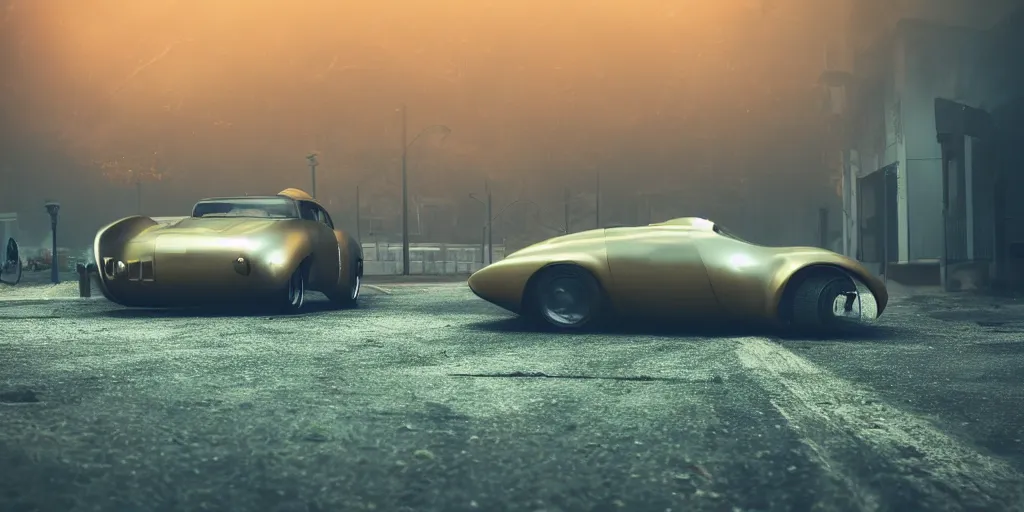 Prompt: parked fallout 5, retro futuristic vintage polished sports car, fog, rain, volumetric lighting, beautiful, golden hour, sharp focus, highly detailed, cgsociety