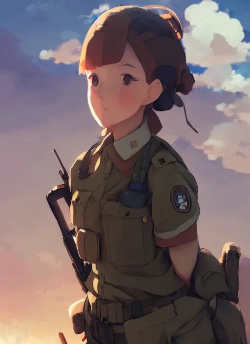 Prompt: portrait of cute soldier girl, smoky sky background urban landscape illustration concept art anime key visual trending pixiv fanbox by wlop and greg rutkowski and makoto shinkai and studio ghibli and kyoto animation soldier clothing military gear