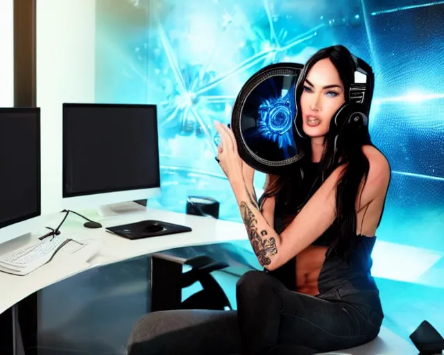 Prompt: Megan Fox using massive desktop gaming computer with neon led fans, wearing headset, sitting at desk, excited by computer, monitor with windows blue screen of death, cinematic, 8k, hyper realistic, super detailed, colorful accents, golden ratio, highly detailed professional photo, centered, rim lights, vray caustics