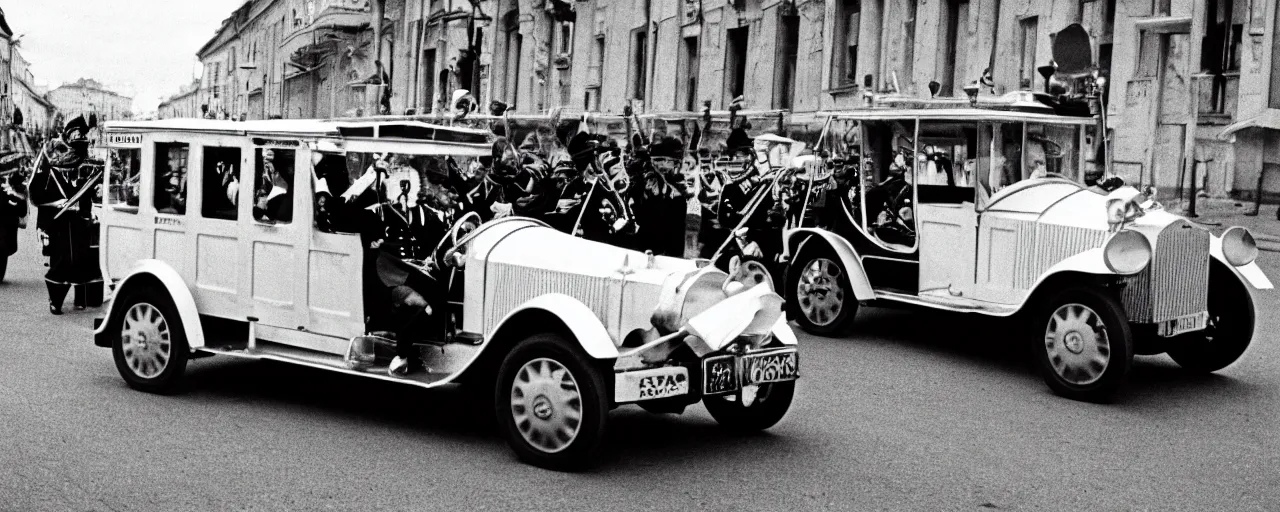 Prompt: austrian archduke franz ferdinand being assassinated in a spaghetti car, low contrast black and white, sigma 8 0 mm, wes anderson, kodachrome