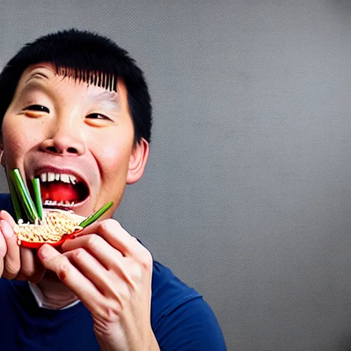 Image similar to a man eating earthworms with chopsticks