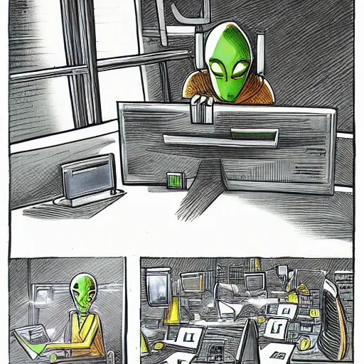 Prompt: alien working in an office, concept art