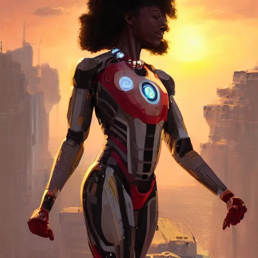 Image similar to highly detailed an african american woman in with the ironman random suit from the future gta v, stephen bliss, unreal engine, fantasy art by greg rutkowski, loish, rhads, ferdinand knab, makoto shinkai and lois van baarle, ilya kuvshinov, rossdraws, tom bagshaw, global illumination, radiant light, detailed and intricate environment