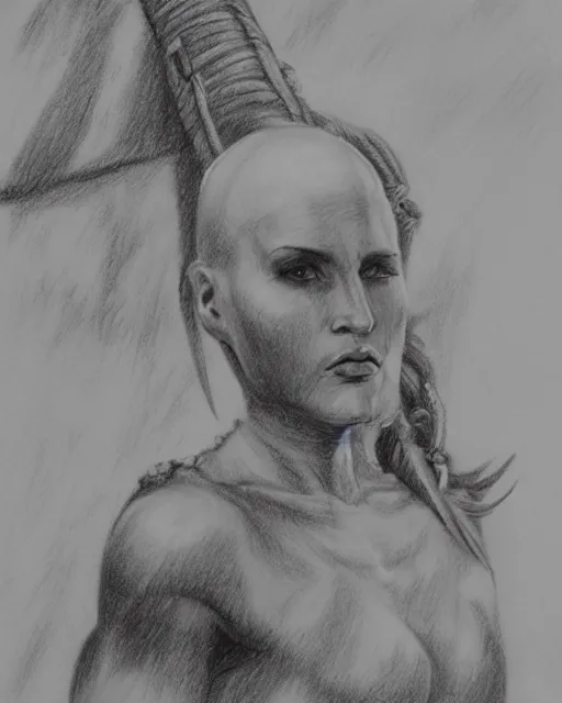 Prompt: A beautiful female warrior on a faded background of a pirate ship and a deserted island, realism pencil drawing on white paper, bald lines