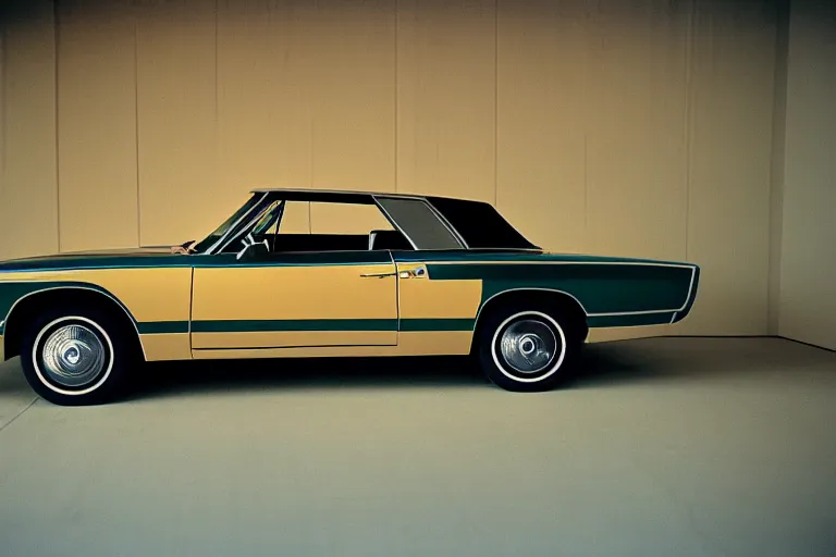 Image similar to single 1969 Thunderbird by Renault, inside of a minimalist Tokyo garage, ektachrome photograph, volumetric lighting, f8 aperture, cinematic Eastman 5384 film