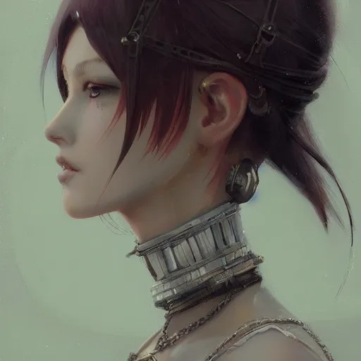 Prompt: anime automata vogue, intricate oil painting by greg rutkowski, trending on artstation, side profile
