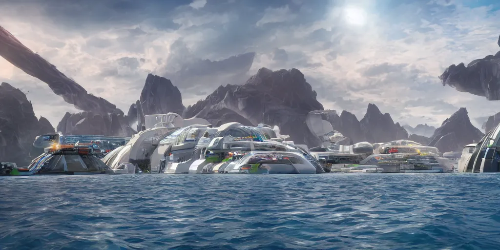 Prompt: a view from a boat of a floating seasteading community, fusion of subnautica and star trek, by noriyoshi ohrai, beautifully detailed 4 k octane render, 4 k post processing