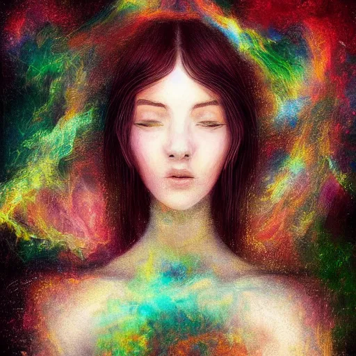 Image similar to beautiful detailed artistic portrait of a person travelling between different astral planes. grainy and rough. fine detail. soft colour scheme. artistic painting by lurid ( 2 0 2 2 ). featured on deviantart.