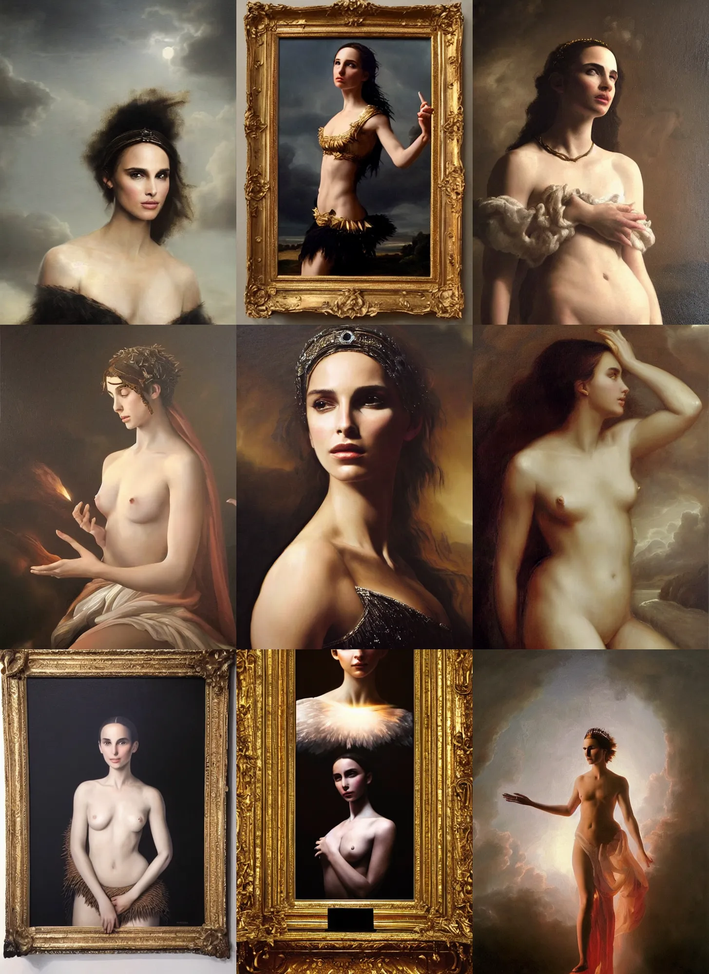 Prompt: baroque painting of nathalie portman as aphrodite, black swan,!! volumetric lighting!!, oil on canvas,