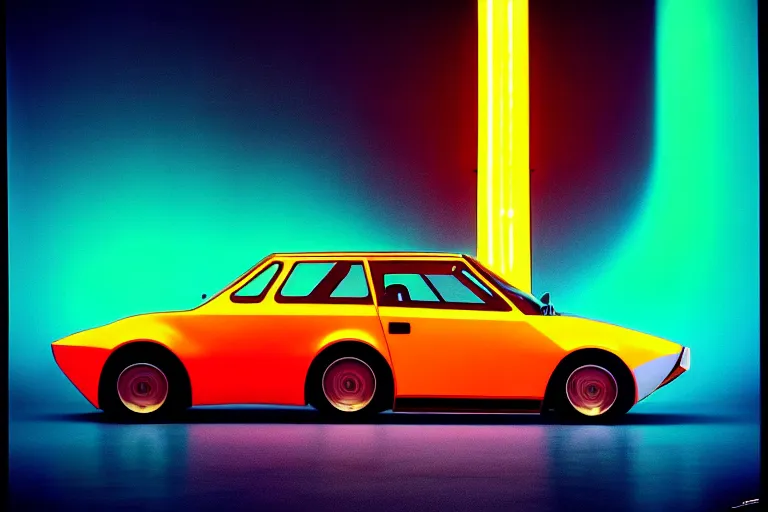 Image similar to designed by giorgetto giugiaro stylized poster of a single yugo, thick neon lights, ektachrome photograph, volumetric lighting, f 8 aperture, cinematic eastman 5 3 8 4 film