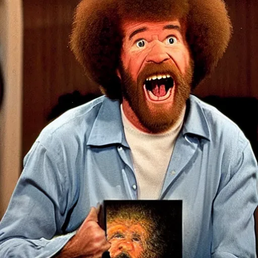 Prompt: bob ross screaming at his painting in an uncontrollable fit of rage