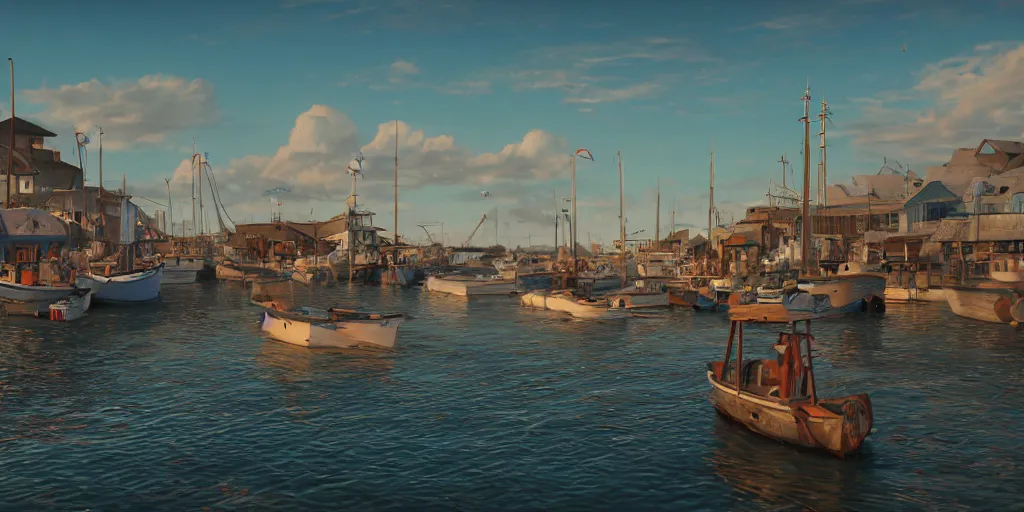 Image similar to a film still of fishing harbour in a small South African seaside town of Paternoster, medium shot, waist up, studio Ghibli, Pixar, Disney and GOBELINS animation, painterly, Rendered in Unreal Engine 5, anime key art by Greg Rutkowski, Bloom, sunrise dramatic lighting