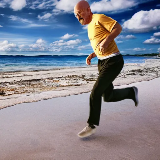 Image similar to Walter White running on the beach, artistic, 8k, cinematic, accurate, symetric, face, dramatic lighting, pastel colours