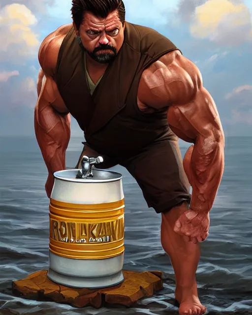 Image similar to gigachad ron swanson bodybuilder holding a keg of beer in final fight beach by ilya kuvshinov, ernest khalimov body by krista sudmalis, fantasy character portrait, ultra realistic, concept art, intricate details, elegent, digital painting, smooth, sharp focus, illustration, art by artgerm and greg rutkowski and alphonse mucha, artstation