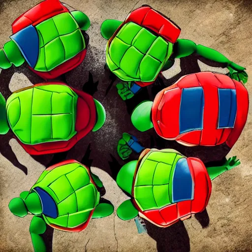Image similar to teenage mutant ninja turtles on top of a mountain