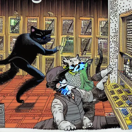 Prompt: detailed intricate colour illustration of a cat robbing a liquor store at gunpoint, comic book style, no speech bubbles, dystopian, dark, akira