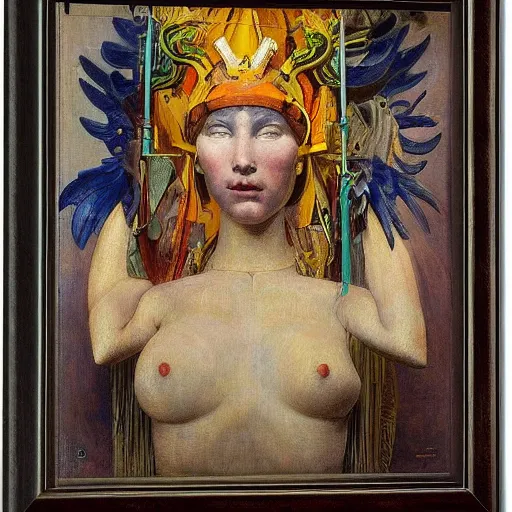 Image similar to the young robot goddess with her bird mask, by annie swynnerton and diego rivera and elihu vedder, symbolist, dramatic lighting, elaborate geometric ornament, head and shoulders, art brut, soft cool colors, smooth, sharp focus, extremely detailed, adolf wolfli and donato giancola