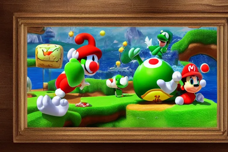 Prompt: painting wonderland marioworld yoshi kurbi dofus acrylic 3 d real