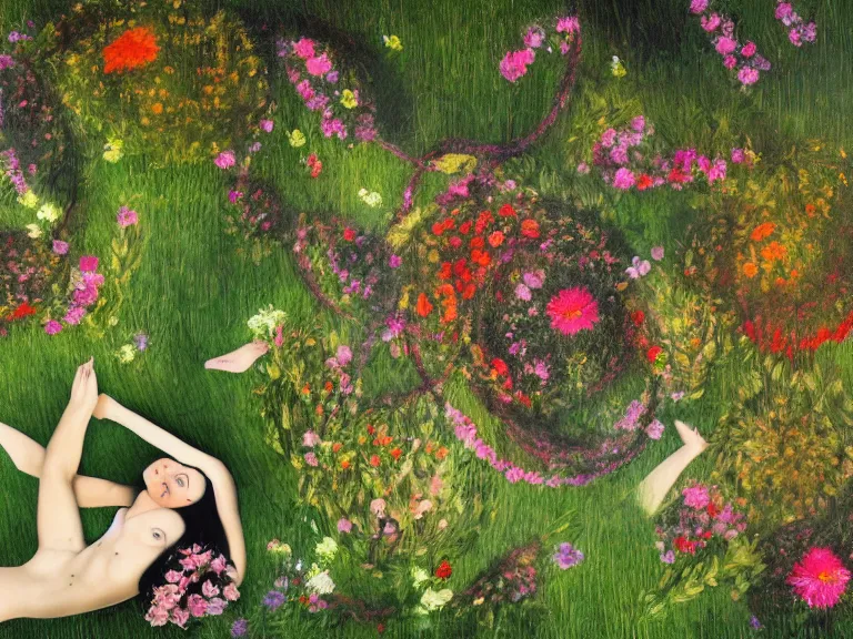 Prompt: abstract painting of drone view on a lawn full of flowers among forest with a detailed girl laying on the grass with hairs weaved into the grass and grass forms a circled braid around her body. visualisation girl soul is floating in air connected to the soul of nature around her. in caravaggio style