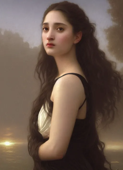 Image similar to oil painting close up portrait of a young woman with long dark flowing hair in a black dress, surrounded by white lilies!! at sunset, hazy, digital art, chiaroscuro, artstation, cinematic, golden hour, digital art painting by greg rutkowski, william - adolphe bouguereau, hazy atmosphere, cinematic lighting