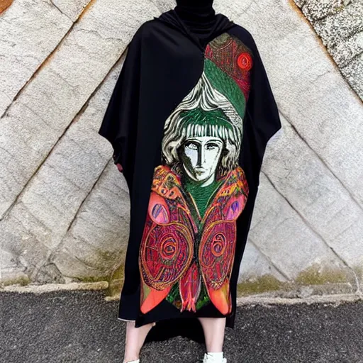 Image similar to ancient greek philosopher wearing gucci colorful intense intricate textile chiton himation cloak tunic detailed streetwear cyberpunk modern fashion