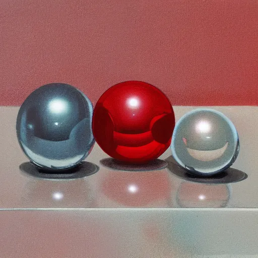 Prompt: chrome spheres on a red cube by raphael