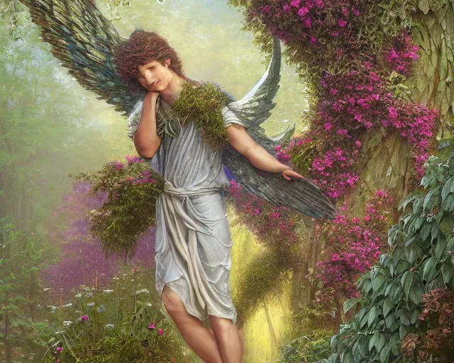 Prompt: a majestic winged male garden angel with a mossy beard, he is covered in vines and flowers standing in front of a beautiful cottage, a painting by thomas canty and thomas kincade and ross tran, art nouveau, atmospheric lighting, trending on artstation