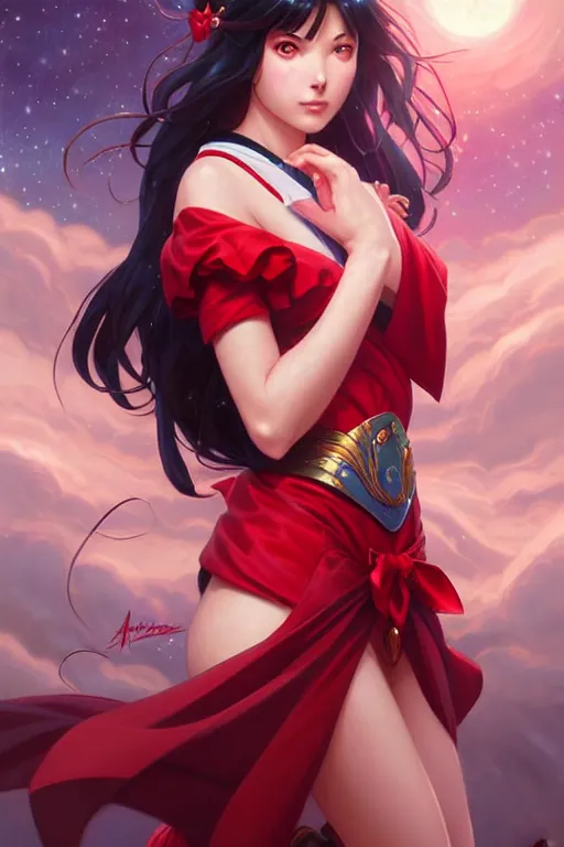 Image similar to sailor mars, fantasy, intricate, elegant, highly detailed, digital painting, artstation, concept art, matte, sharp focus, illustration, art by Artgerm and Greg Rutkowski and Alphonse Mucha