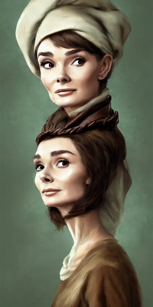 Prompt: a beautiful woman, beauty, looks like Audrey Hepburn, bard, brown hair, messy hairstyle, bangs, cream colored peasant shirt, brown pants, leather boots, dark green cloak, round hood, elf ears, youthful, white background, proportionate, by Greg Rutkowski and Tony Sart, trending on artstation, realistic, highly detailed, masterpiece