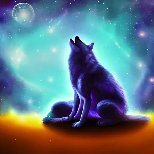 Image similar to A blue translucent wolf meditating in outer space, stars, artstation, digital art, spiritual, award winning, colourful