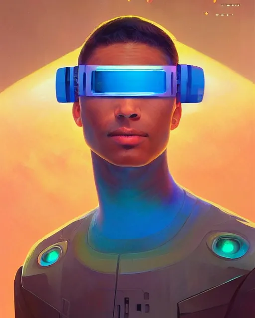 Image similar to future coder man looking on, sleek cyclops display over eyes and sleek bright headphoneset, neon accent lights, holographic colors, desaturated headshot portrait digital painting by dean cornwall, rhads, john berkey, tom whalen, alex grey, alphonse mucha, donoto giancola, astronaut cyberpunk electric