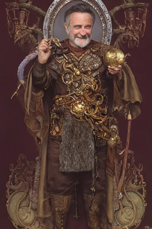 Image similar to an ultradetailed full body portrait of robin williams dressed as sheogorath, d & d, fantasy, intricate, elegant, highly detailed, digital painting, matte, sharp focus, illustration, art by john collier and albert aublet and krenz cushart and artem demura and alphonse mucha