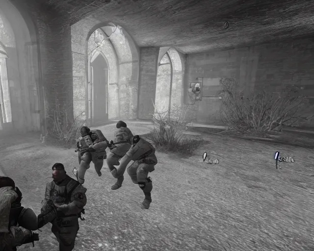 Prompt: counter strike screenshot of a group of soldiers in an abandoned church, high exposure, dark, monochrome, camera, grainy, timestamp, zoomed in, game HUD, source engine footage, CS:GO screenshot, steam community, featured on IGN
