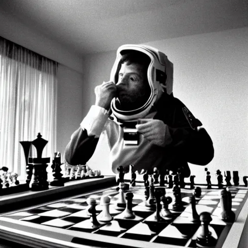 Image similar to Space odyssey astronaut playing chess in the shining by stanley kubrick, shot by 35mm film color photography