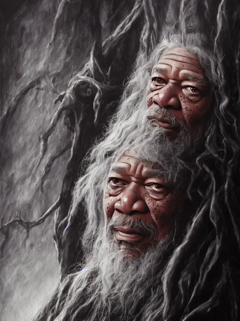 Image similar to morgan freeman starring as gandalf in lord of the rings, epic dark fantasy horror stylized oil painting by ivan shiskin. trending on artstation