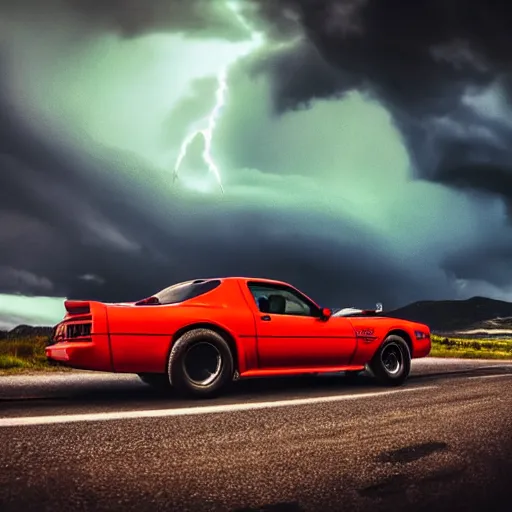 Image similar to nightmarish creatures rushing towards black pontiac firebird trans - am driving towards the camera, norway mountains, valley, large lake, dynamic, cinematic, motionblur, volumetric lighting, wide shot, low angle, red glow in sky, large lightning storm, thunder storm