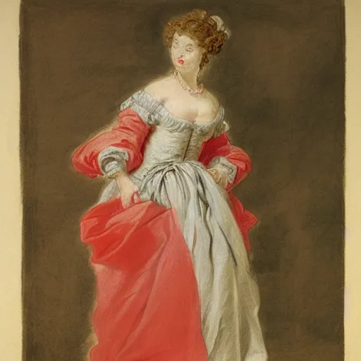 Image similar to Drawing of a woman, full body, clothed, François Boucher, red chalk, watteau