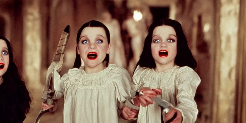 Image similar to a still from Snow White of the twins from The Shining, overlook hotel