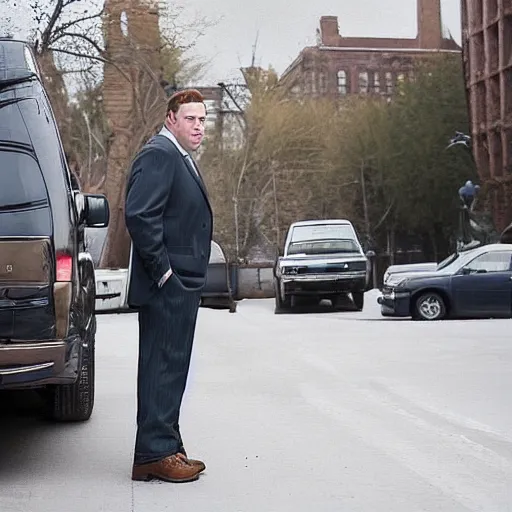 Image similar to the chubby clean-shaven white man stood patiently on the lot wearing an olive green overcoat, dark gray chalk stripe three-piece suit, a blue dress shirt with white cuffs and collars, a midnight blue necktie, and a pair of dirty wheat Timberland work Boots