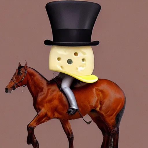 Image similar to cheese with a tophat riding a horse